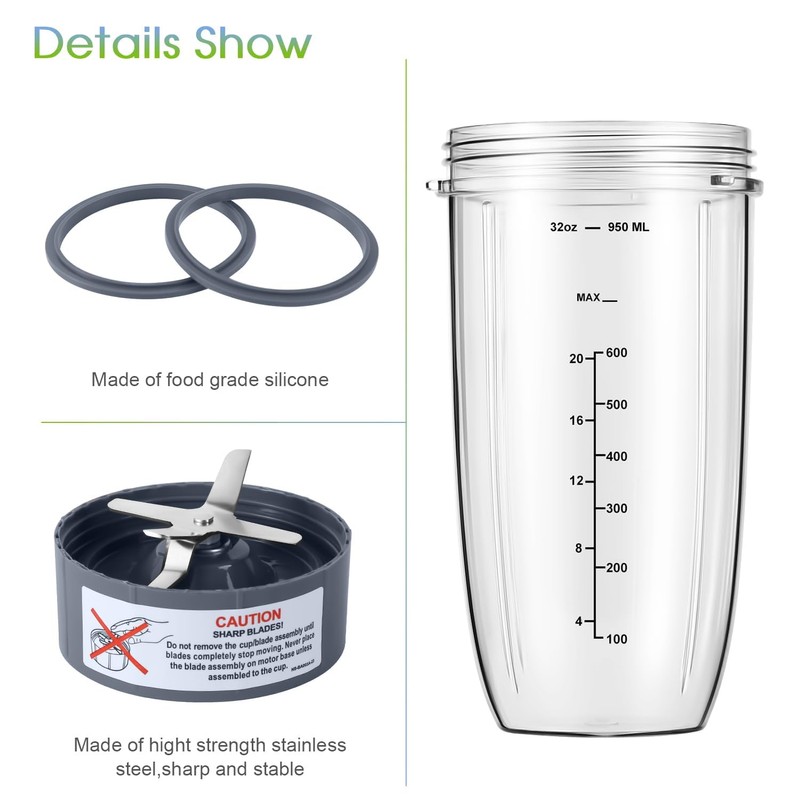 4-Piece Blender Cup and Blade Replacement Parts 32oz Cup and