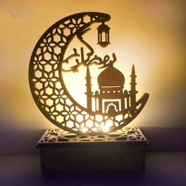 Pacpod Wooden Muslim Design Ramadan Eid Decorative Lamp Moon Crescent Night Light Home Desktop (Ramadan Kareem Mosque)