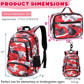 BLUEFAIRY Kids Backpack with Lunch Box for Boys Girls Elementary Middle School BookBags for Teens Childs Back to School Travel Gifts Large Campartments Padded Straps Sleeve Camo Red