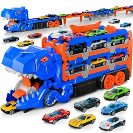 IHAHA Dinosaur Race Track Toys for Ages 3-4 4-6, 59-inches Transport Dinosaur Truck with 12 Die-cast Cars, Carrier Truck Toy Birthday Gifts Toys for 3 4 5 6 Year Old Boy