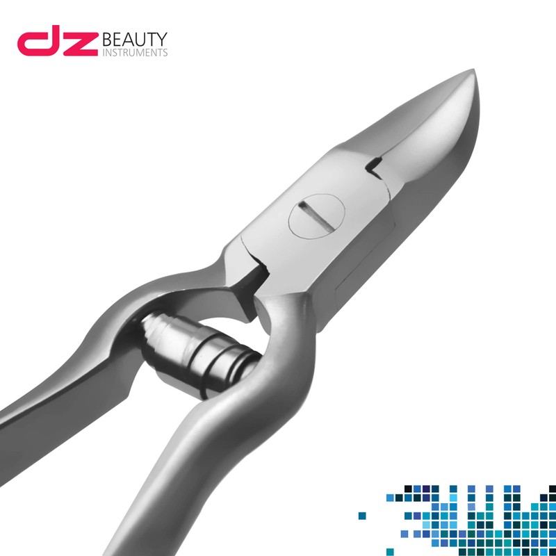 Nail clippers with buffer spring, ribbed handles with curved cutting