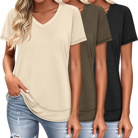Riyiper 3 Pack Women's V Neck T Shirts Flowy Loose Fit Top Casual Summer Curved Hem Tee(Black, Brown, Cream,Large)