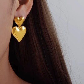 Gold Heart Earrings for Women Girls Heart Drop Earrings Double Heart Statement Dangle Earrings Jewelry Gifts
