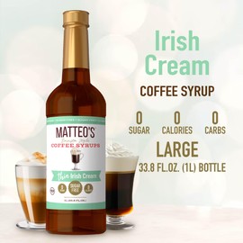 Matteo's Barista Style Sugar-Free Coffee Syrup, Irish Cream Flavor, Zero Calories and Sugar, Keto Friendly, Ideal for Lattes, Cappuccinos, Espresso, Americano, Indulgent Taste 33.8 Oz, 1-Pack