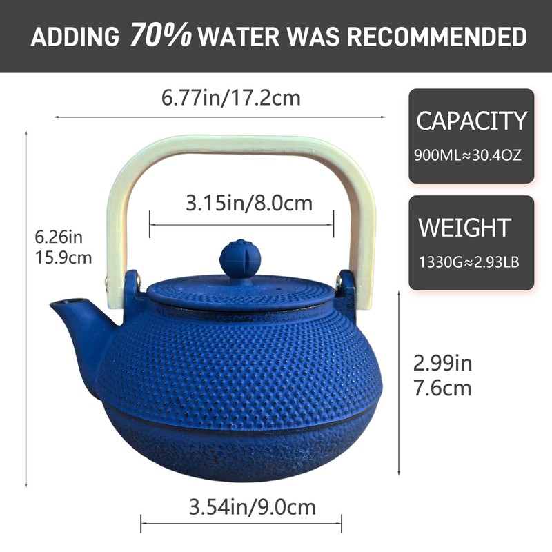 SECHUDO 30.4oz Small Tea Kettle, Blue Cast Iron Teapot with