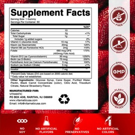Vitamatic Vitamin B Complex Gummies with Vitamin C & Inositol - Natural Strawberry Flavor - 60 Gummies (1 Bottle)