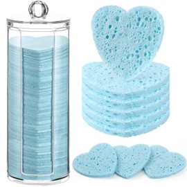 Sieral 120 Pcs Compressed Facial Sponges with Container Face Sponge Disposable Sponge Pads for Washing Face Cleansing Exfoliating Esthetician Makeup Removal(Light Blue, Heart)