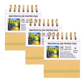 Mini Watercolor Paper Pads, 4x4", 3Pack, Kraft Hardcover Sketch books, 140lb/300gsm Heavyweight Cotton Paper, Spiral Bound, Cold Pressed, Dual-sided(Smooth&Texture),Painting Paper for Artists Students