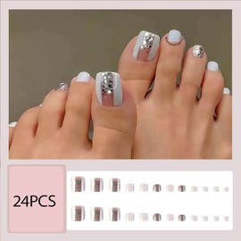 24Pcs White Press on Toenails for Women Toe Nail Press ons Short Square Fake Toenails with Silver Glitter Designs Fake Toe nails Summer Manicure Glossy Toenail Press on nails