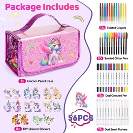 Unicorn Washable Markers for Kids With Glittery Pencil Case, Arts And Crafts for Kids Age 4-6-8, Art Supplies Coloring Set with Diy Unicorn Stickers, Birthday Christmas Gifts for Girls (Purple)