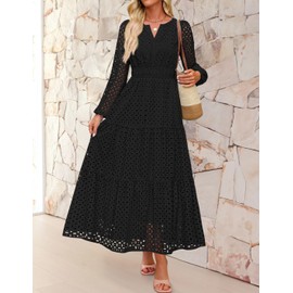 ZESICA Women's 2025 Fall Long Sleeve Maxi Dress V Neck Hollow Out Eyelet A Line Long Flowy Casual Party Dresses Black Large