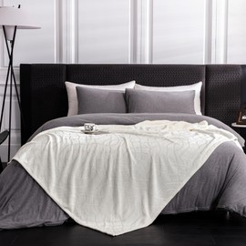 Serenhom Soft Cozy 90x102 Inch Flannel King Size Blanket, Luxury 3D Jacquard Decorative Design, Lightweight Plush Fuzzy All Season Fleece Blanket for Couch, Bed, Sofa, Camping, Travel - Ivory White