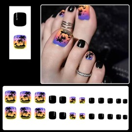 24 Pcs Black Press on Toenails Beach Sunset Coconut Trees Design,YIHONGYAN Fake Toe Nails Press ons Toe Nail Tips Acrylic Kit Glue on Nails Full Cover False Toenails Glossy Stick on Toenails for Women