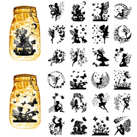 CREATCABIN Pack of 24 Fairy Silhouettes, Preserving Jar Decoration, Angel, Lantern, Laser Cut-Outs, Ornaments, Mushroom, Butterfly, Scrapbook for Frosted Glass, Wall, Window, Cars, Black, 10 x 9 cm