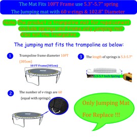 Bzzter Trampoline Replacement Mat 10ft，Trampoline Mat Fit 10ft Frame with 60 Rings 102.8 Inch Diam Match 5.3-5.7 Inch Spring, Without Frame and Springs(Only Trampoline Mat), w/Spring Tool and Gloves