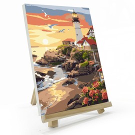 JOOZ Lighthouse Paint by Number for Adults, Paint by Numbers Kit for Adults with Frame, DIY Seaside Paint by Numbers Kits for Adults on Canvas, Sunset Oil Painting Kit for Home Wall Decor 8 x 12 in