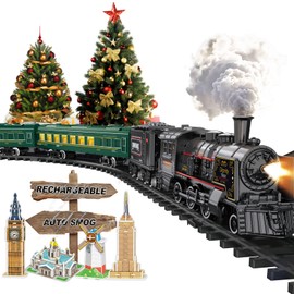 Electric Train Set Metal Alloy Train Toys w/Smokes,Lights& Sound (ON/Off) Kids Rechargeable Train Set w/Steam Locomotive, Cargo Cars & Tracks