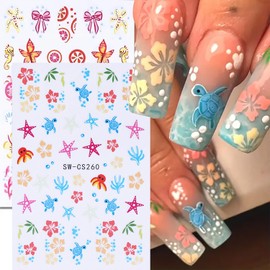6 Sheets Nail Stickers for Nail Art, Summer Nail Decals Flower Starfish Nail Art Stickers 3D Self Adhesive Nail Supplies Ocean Themed Designs Manicure Sticker Cute Nails Decoration Accessories