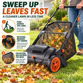 Push Lawn Sweeper for Leaf & Grass Cleanup – 21-Inch Manual Collector with 3.5 Cu. Ft. Mesh Hopper and Dual Brushes