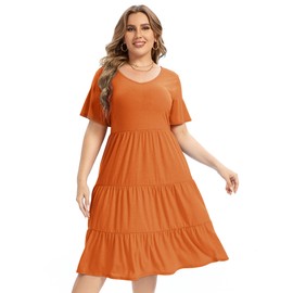 AMZ PLUS Women's Plus Size Casual Dress Lantern Sleeve Ruffle Hem V Neck Loose Swing Tunic Mini Dress (Short-Orange 2XL)