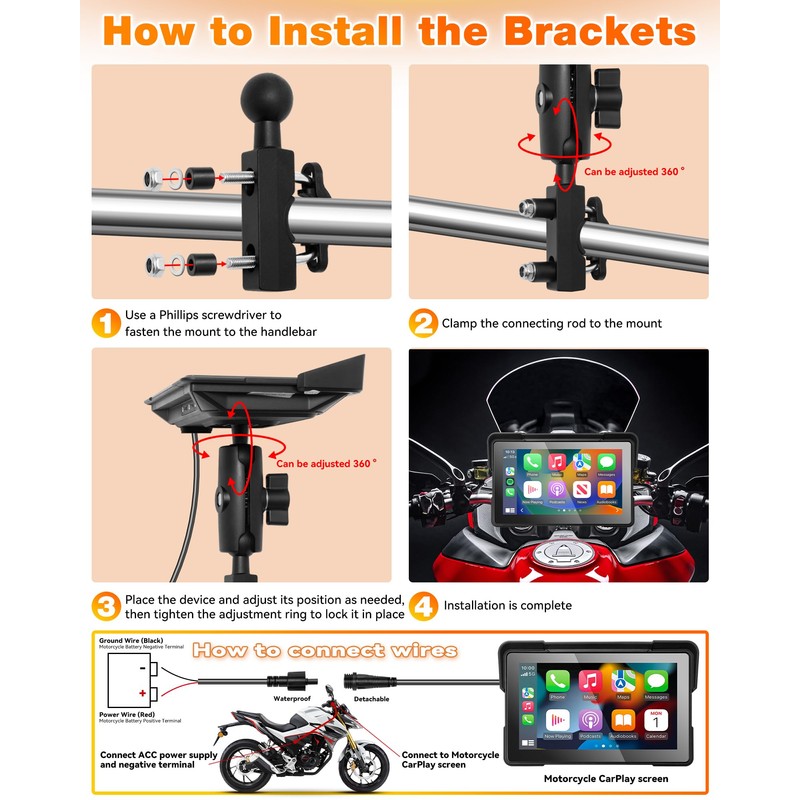 YHTIMIOX Motorcycle CarPlay Screen, 7 Inch Waterproof Touchscreen, Portable Carplay