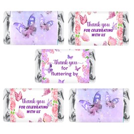 60 Butterfly Theme Mini Candy Bar Wrapper, Thank You Themed Miniatures Candy Bar Stickers, Birthday Decorations, Wedding, Baby Shower, Candy Not Included, Made in USA,