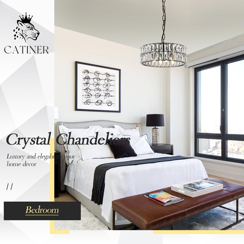 CATINER Crystal Pendant Light 4-Light Modern Black Chandelier Small 12”