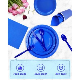Lzerking Blue Party Supplies Set 224 Pieces of Blue Paper Plates, Cups, Napkins, and Heavy Duty Plastic Spoons Forks Knives for 32 Guests for Birthday, Graduation, Wedding, Festivals