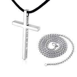 Hactnion Leather Cross Necklace for Men, Silver Large Cross Pendant with Bible Verse, 24'' Black Leather Rope and 28'' Black Stainless Steel Chain