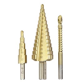 kwb Step Drill Bit Set with Milling Drill Bit 1 x 4 - 12 mm, 1 x 4 - 30 mm, 1 x 6 mm, Titanium Nitrided Surface
