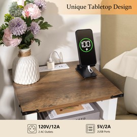 Farmhouse End Table Set of 2, Rustic Modern Nightstand with Charging Station & Storage Shelf, Bedside Table Side Tables for Bedroom & Living Room, White