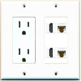 RiteAV [ 2 GANG ] 15 Amp Power Duplex Outlet 2 HDMI 2 CAT6 Ethernet Coupler Wall Plate