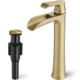 HOIGY Vessel Sink Faucet, Tall Brass Waterfall Bathroom Faucet 1 Handle Gold Faucets for Bathroom Vanity 1 Hole with Pop-Up Drain & Supply Hoses