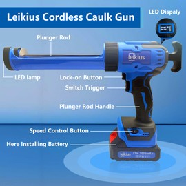 Leikius Electric Caulk Gun with LED Light, 6 Speed Adjustment for Kitchen Bathroom Filling, Sealing,Cordless Caulking Gun with 2x 2000mAh Batteries,Charger, Caulk Finish Tools,Nozzle and Knife