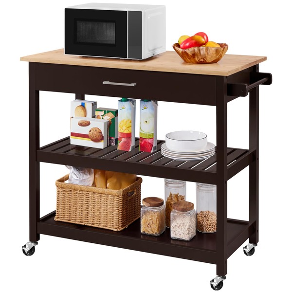 Yaheetech Yaheetech Kitchen Island on Wheels with Bamboo Tabletop, 3-Tier