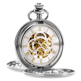 ManChDa Silver Pocket Watch for Men Son Pocket Watch Mechanical Pocket Watch with Chain Retro Smooth Classic Handwind Pocket Watch Roman Numerals Pocket Watch for Women