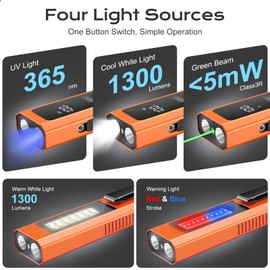 EDC Flashlight 4 in 1 Pocket Magnetic Slim Flat Flashlight High Lumens Work Light with Green Beam & UV Light & Warning Light Combo EDC Rechargeable LT-010 (Orange Color)