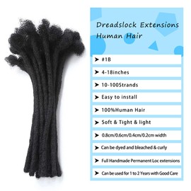 4 Inch Dreadlock Extensions Human Hair,30 Strands Locs Extensions Real Human Hair, Natural Black for Women Men Kids Full Handmade Permanent Locs Can Be Dyed and Bleached