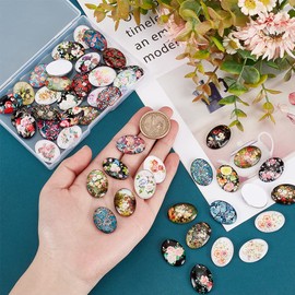 PH PandaHall 50pcs Oval Glass Cabochons, 25x18mm Flower Printed Glass Cabochons Vintage Mixed Color Mosaic Tile for Craft Photo Pendant Earring Necklace Keychain Jewelry Making