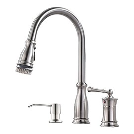 APPASO 3 Hole Kitchen Faucet with Pull Down Sprayer Brushed Nickel, 3 Pieces Kitchen Sink Faucet with Soap Dispenser and Side Single Handle, Stainless Steel, 228BN