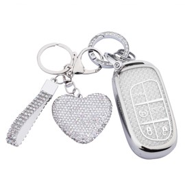 Meruns for Jeep key fob cover with Diamond Bling Keychain, Full Protection for Jeep Grand Cherokee Renegade Compass Durango Charger Dodge Challenger Car Accessories Key holder Shell,Silver Clear