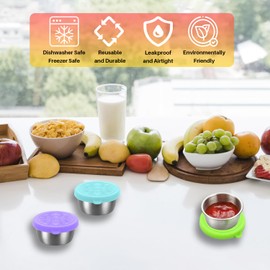 Pack of 6 Salad Dressing Container To Go: Small Condiment Containers with Lids, Reusable Stainless Steel Sauce Cups, Leakproof Silicone Lids for Bento Box, Picnic and Travel (Multi Color - 1.69oz)