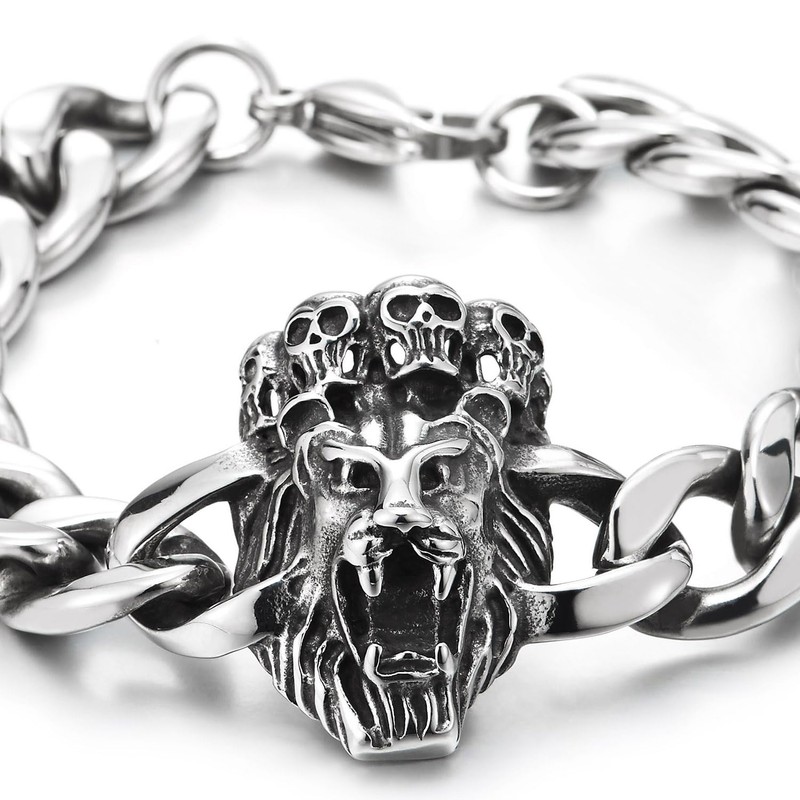 COOLSTEELANDBEYOND Men's Stainless Steel Lion Head Bracelet with Skull, Heavy