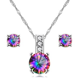 Uloveido 10 mm Simulated Mystical Topaz Rainbow Heart Cubic Zirconia Solitaire Pendant Necklace Platinum Plated Y891, Metal, Cubic Zirconia, Topaz