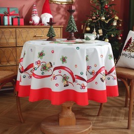 meioro Christmas Day Tablecloth, Snowflake, Santa Claus Rectangle Table Linen, Waterproof Polyester Tablecloth, Xams Tree Kitchen Table Decoration for Festival Party, Dinner (Ribbons, R150 cm)