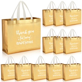 Sanwuta 12 Pcs Thank You Gift Bags 12.2 x 4.7 x 11 Inch Glossy Inspirational Thank You for Being Awesome Gift Bag with Handle Employee Appreciation Gift for Women Teacher Staff Volunteer(Gold)