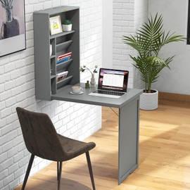 SILKYDRY Wall Mounted Desk, Fold Out Convertible Desk with Storage Shelves, Space Saving Wall Folding Table, Home Office Floating Desks for Small Spaces (Grey)