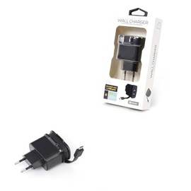 Wandladegerät mit einziehbarem Micro-USB-Kabel 3,4 A und 2 USB-Anschlüssen, ideal zum Aufladen mobiler Geräte und elektronischem Zubehör.