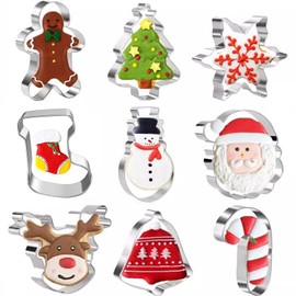 BAOLA Christmas Cookie Cutters, 8 Piece Holiday Stainless Steel Biscuit Shapes for Baking - Snowman,Christmas Tree,Gingerbread Man,Candy Cane,Snowflake,Santa Face,Christmas Bell, Reindeer Mold