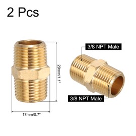 sourcing map 2pcs Hex Nipple Brass Pipe Fitting, 3/8 NPT Male x 3/8 NPT Male Threaded Pipe Adapter Pipe Connector with PTFE Tape, Gold Tone